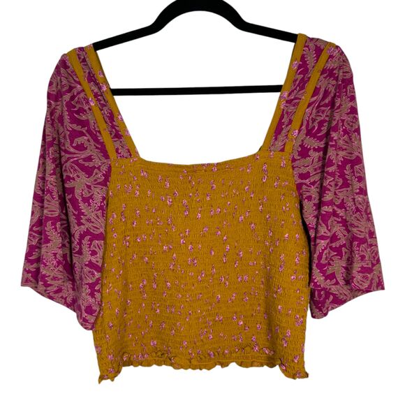Free People Marigold Smocked Square Neck Golden Combo Size Large - Picture 6 of 8